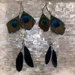 Black feather and peacock earrings